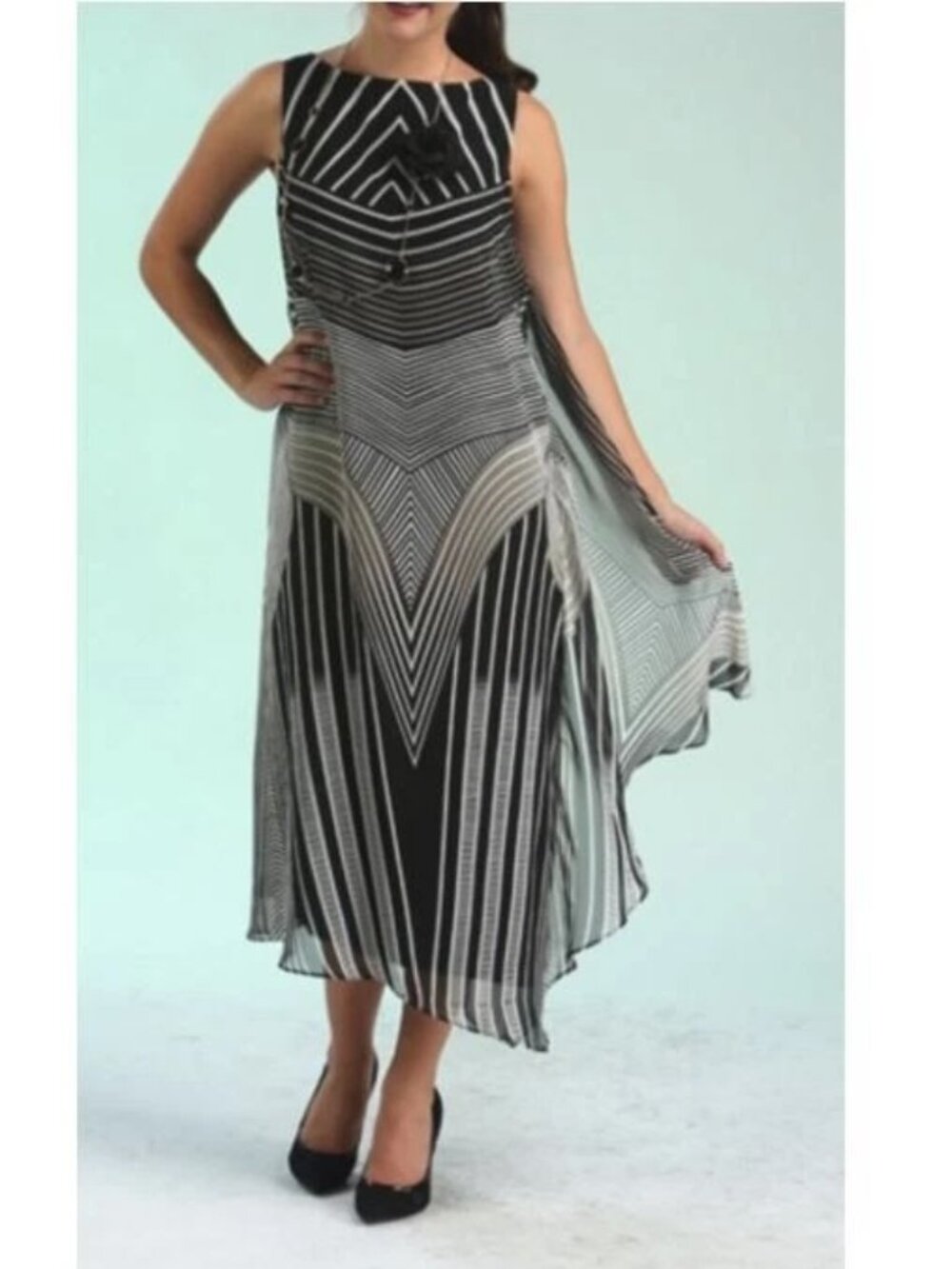 IC‎ by Connie K Striped Asymmetric Sleeveless Dress Black White Sz S